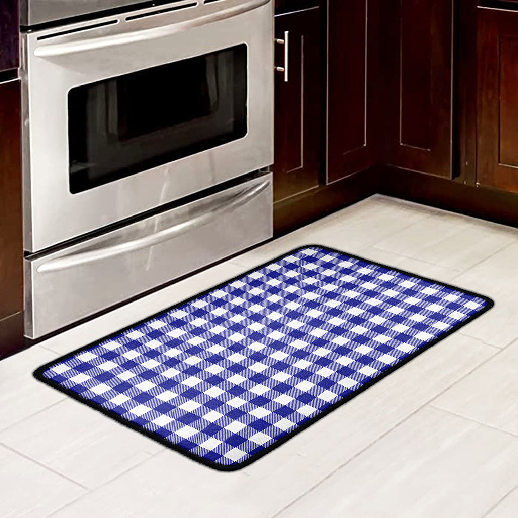Indigo Blue And White Gingham Print Kitchen Mat