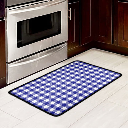 Indigo Blue And White Gingham Print Kitchen Mat