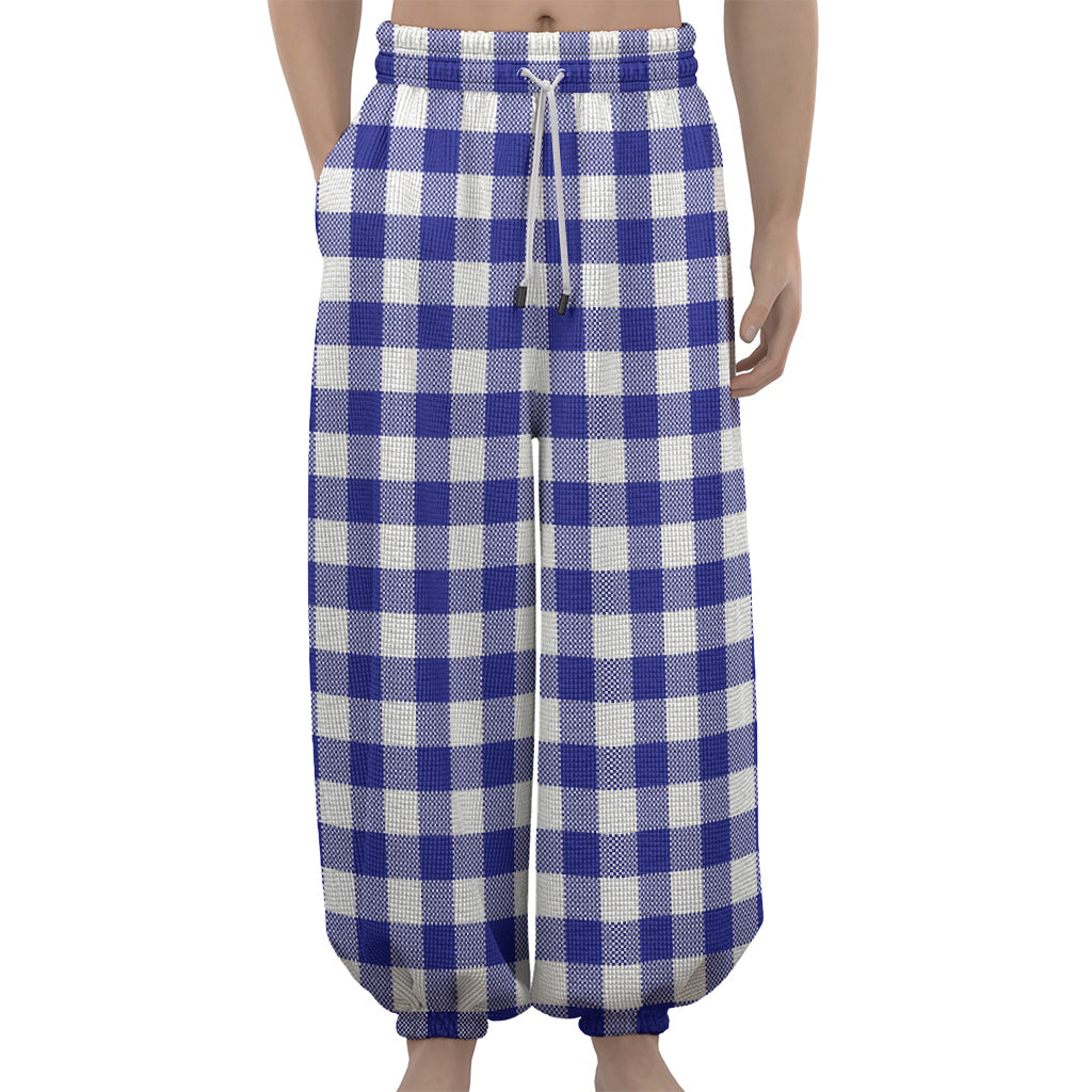 Indigo Blue And White Gingham Print Lantern Pants