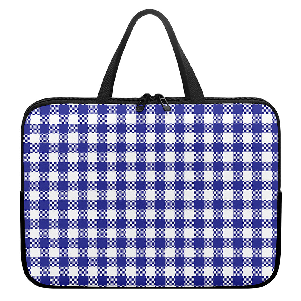 Indigo Blue And White Gingham Print Laptop Sleeve With Handle