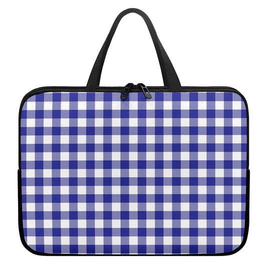 Indigo Blue And White Gingham Print Laptop Sleeve With Handle