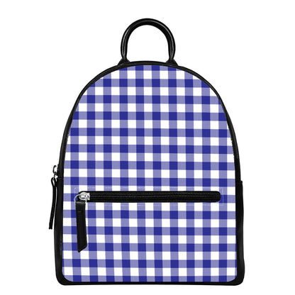Indigo Blue And White Gingham Print Leather Backpack
