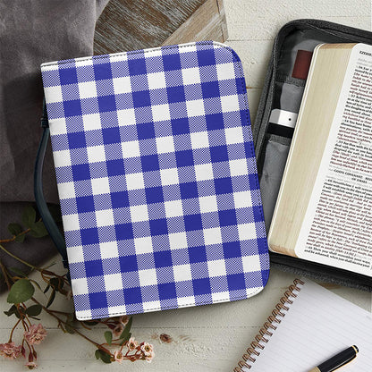 Indigo Blue And White Gingham Print Leather Bible Cover