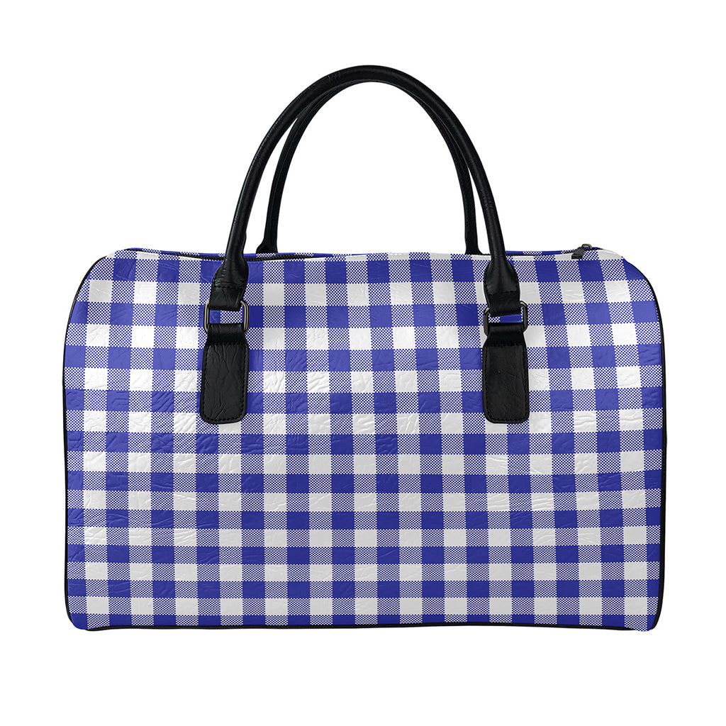 Indigo Blue And White Gingham Print Leather Duffle Bag