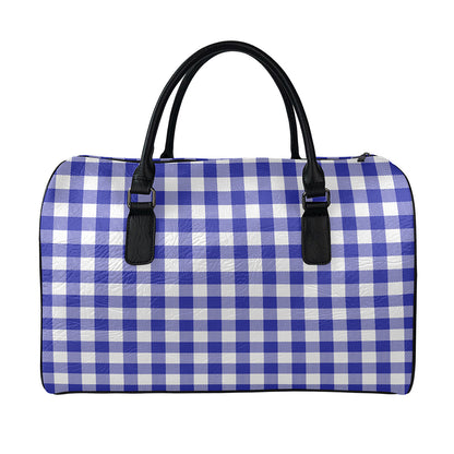Indigo Blue And White Gingham Print Leather Duffle Bag