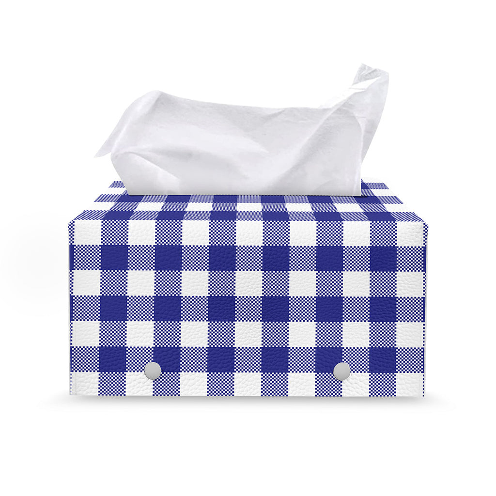 Indigo Blue And White Gingham Print Leather Tissue Box Cover