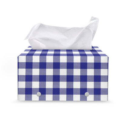 Indigo Blue And White Gingham Print Leather Tissue Box Cover