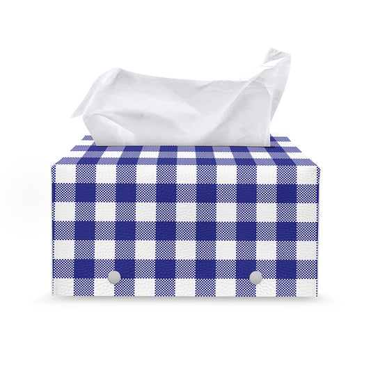 Indigo Blue And White Gingham Print Leather Tissue Box Cover