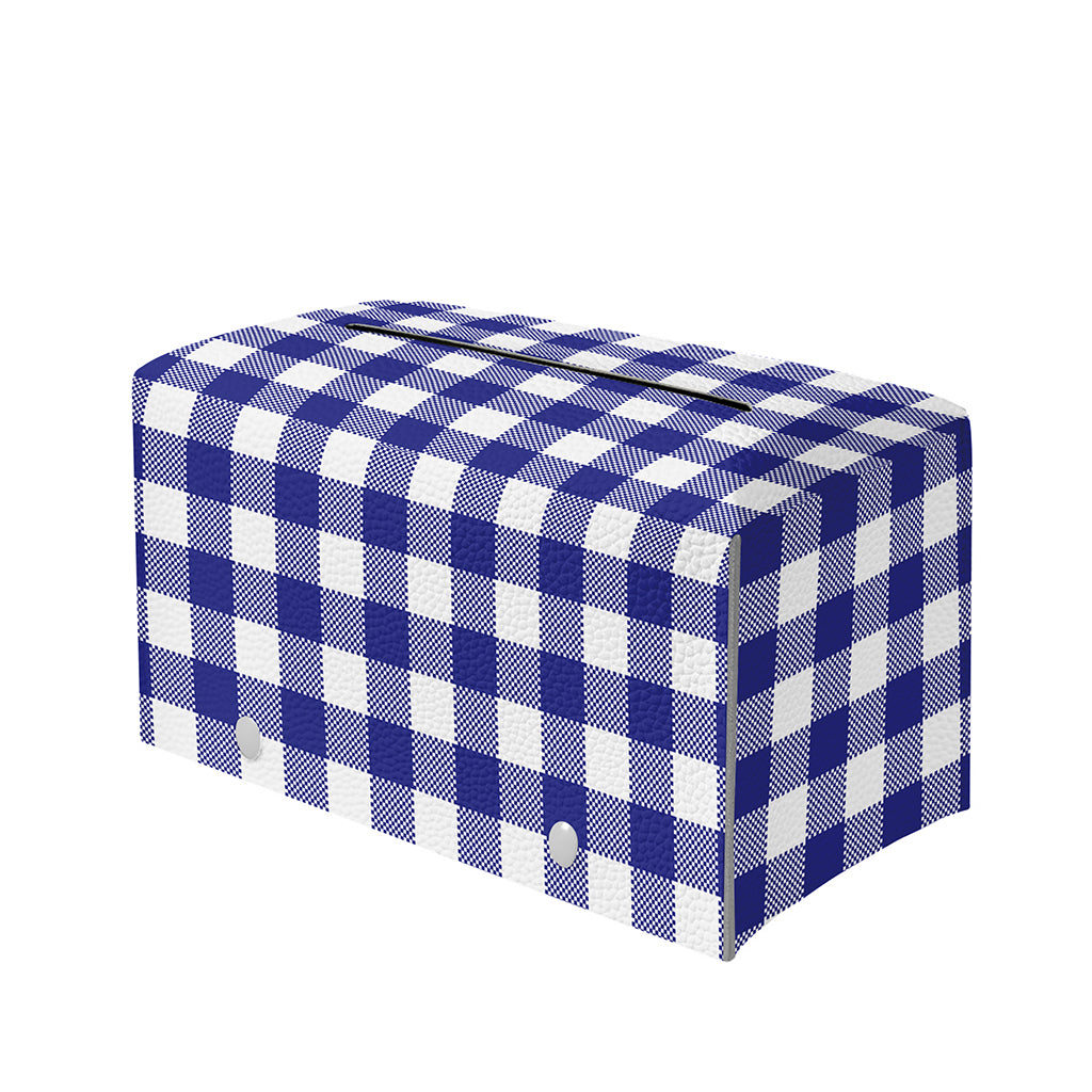 Indigo Blue And White Gingham Print Leather Tissue Box Cover