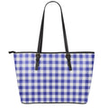 Indigo Blue And White Gingham Print Leather Tote Bag With Zipper