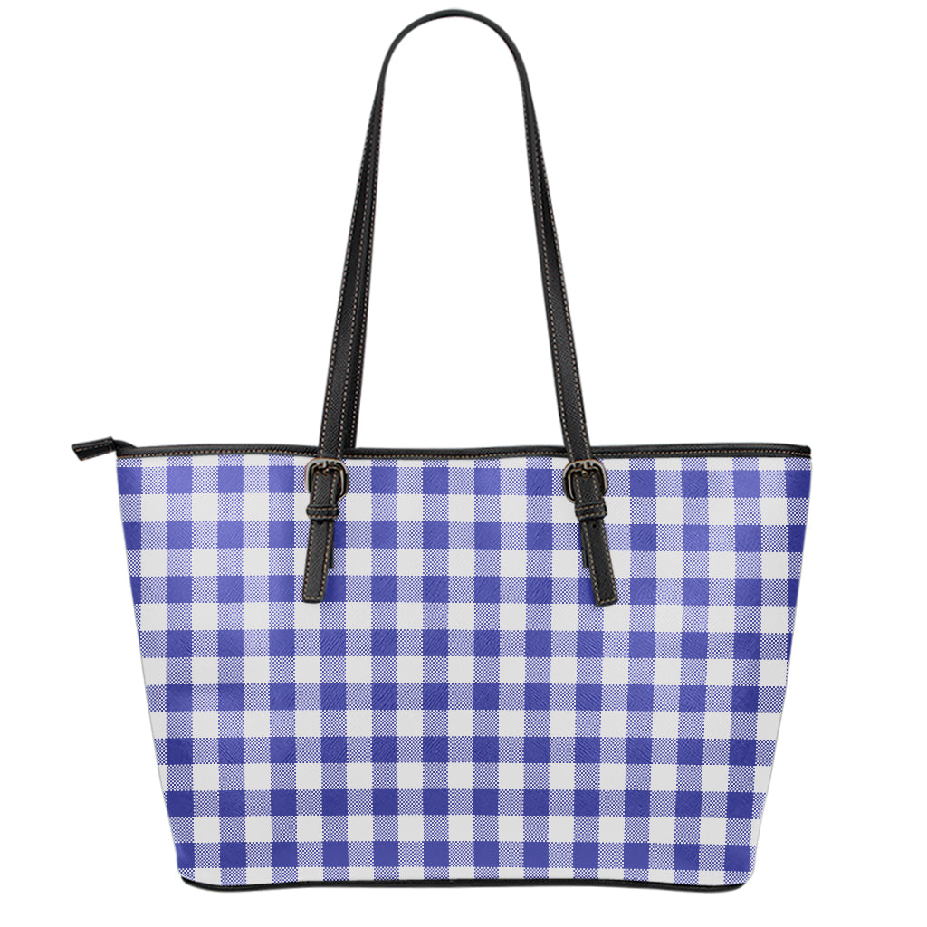 Indigo Blue And White Gingham Print Leather Tote Bag
