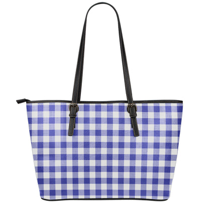 Indigo Blue And White Gingham Print Leather Tote Bag
