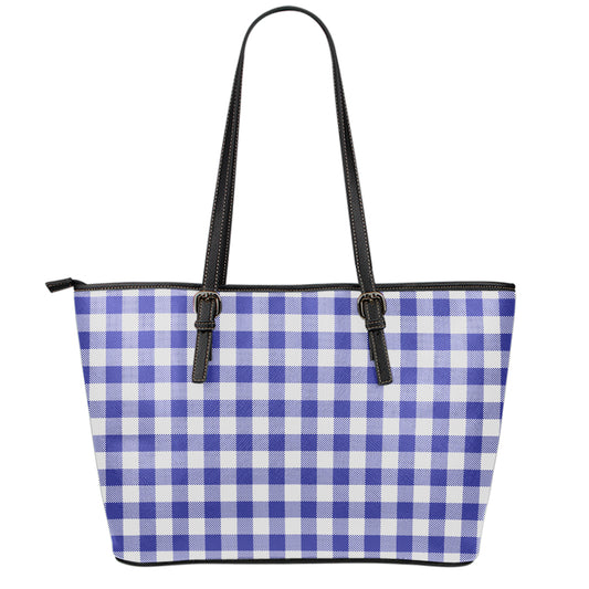 Indigo Blue And White Gingham Print Leather Tote Bag