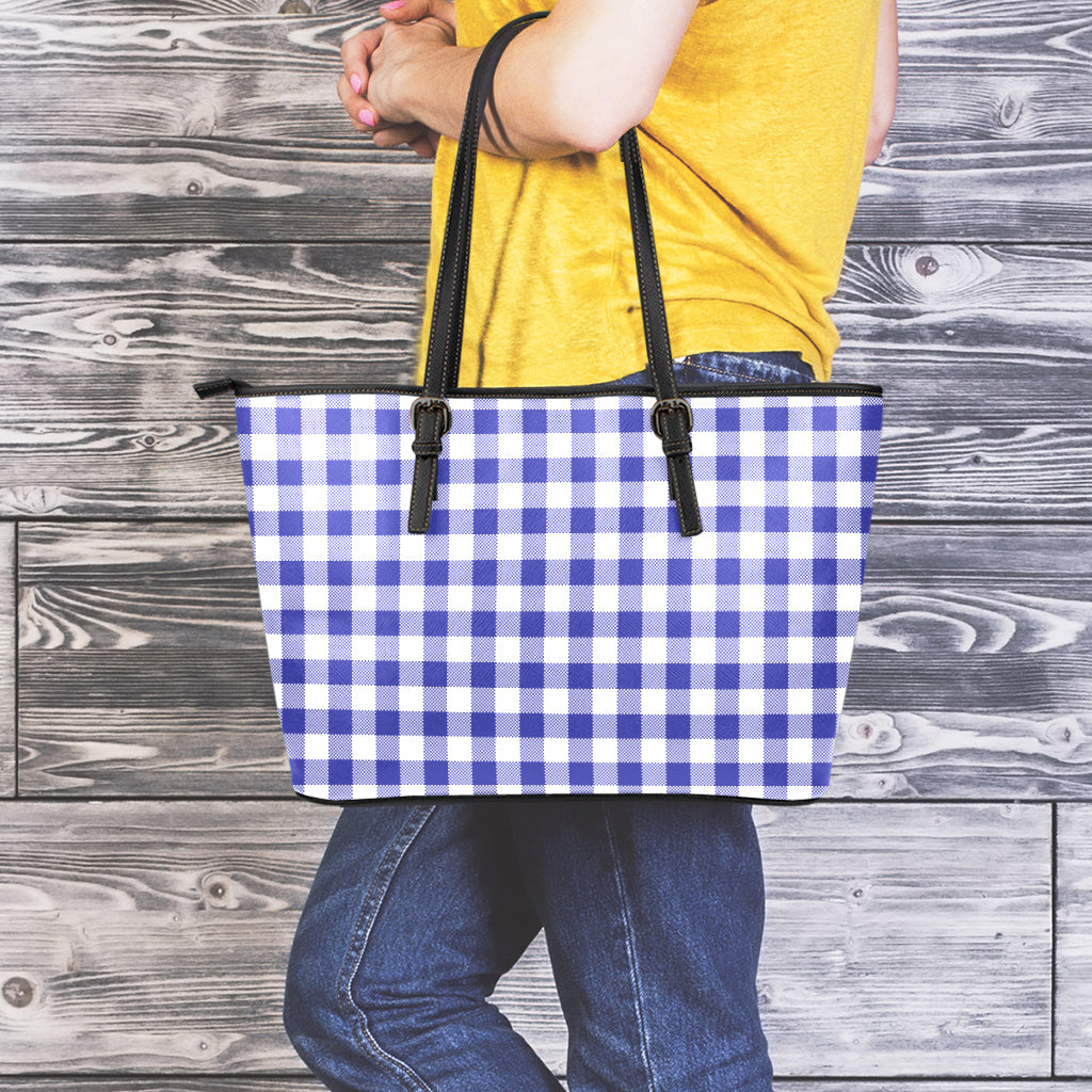 Indigo Blue And White Gingham Print Leather Tote Bag