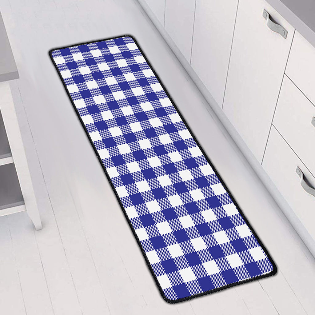 Indigo Blue And White Gingham Print Long Kitchen Mat