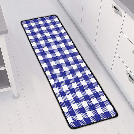 Indigo Blue And White Gingham Print Long Kitchen Mat