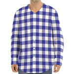 Indigo Blue And White Gingham Print Long Sleeve Baseball Jersey
