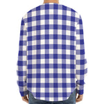 Indigo Blue And White Gingham Print Long Sleeve Baseball Jersey