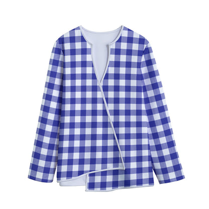Indigo Blue And White Gingham Print Long Sleeve Short Coat