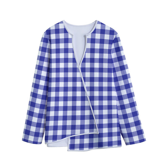 Indigo Blue And White Gingham Print Long Sleeve Short Coat