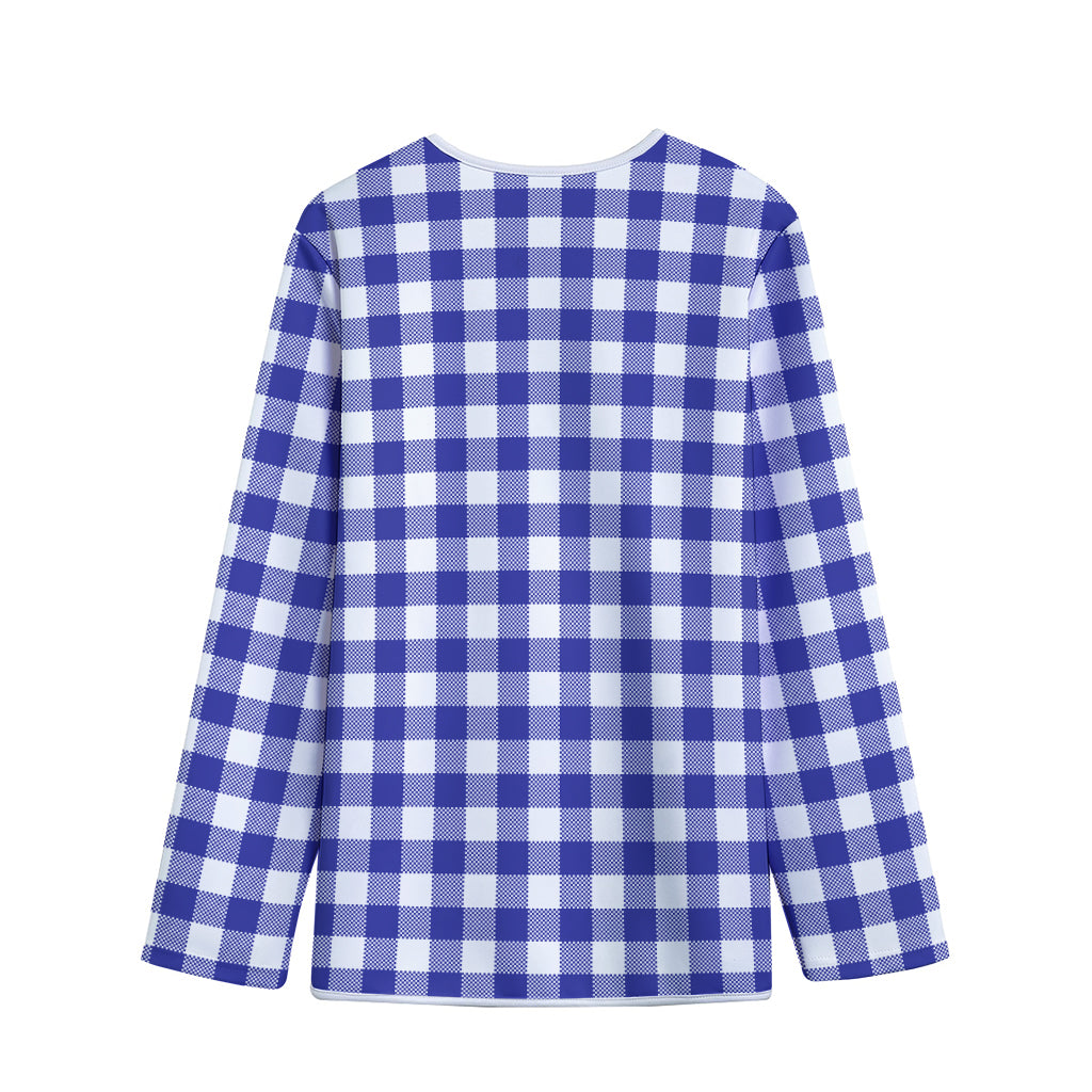 Indigo Blue And White Gingham Print Long Sleeve Short Coat