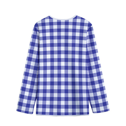 Indigo Blue And White Gingham Print Long Sleeve Short Coat