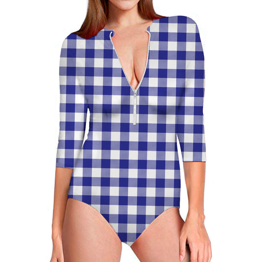 Indigo Blue And White Gingham Print Long Sleeve Swimsuit