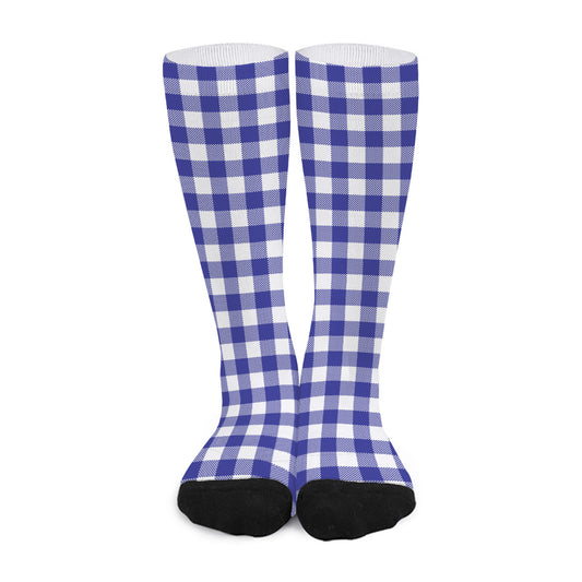 Indigo Blue And White Gingham Print Long Socks