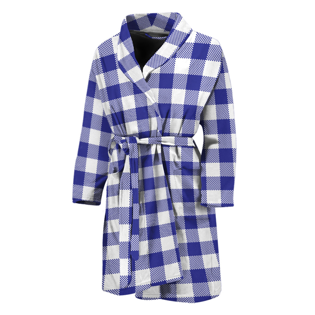 Indigo Blue And White Gingham Print Men's Bathrobe