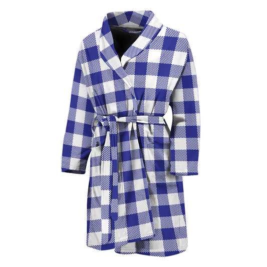 Indigo Blue And White Gingham Print Men's Bathrobe