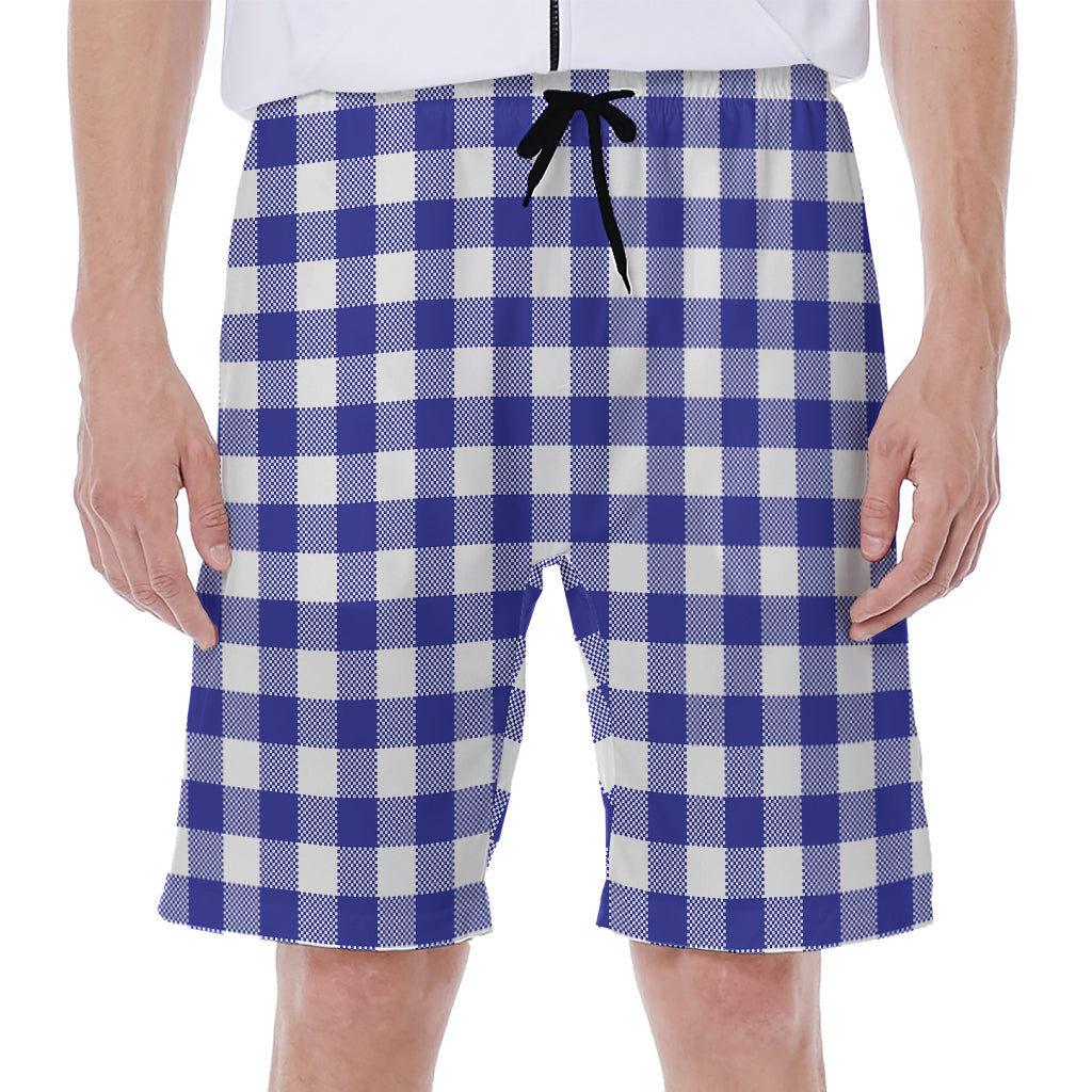 Indigo Blue And White Gingham Print Men's Beach Shorts