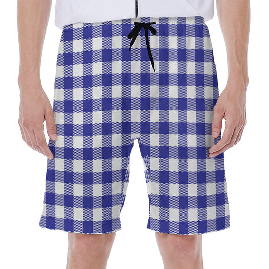 Indigo Blue And White Gingham Print Men's Beach Shorts