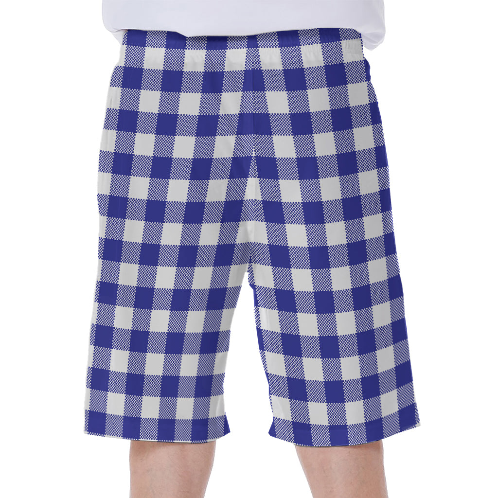 Indigo Blue And White Gingham Print Men's Beach Shorts