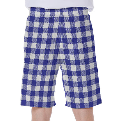 Indigo Blue And White Gingham Print Men's Beach Shorts