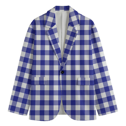 Indigo Blue And White Gingham Print Men's Blazer