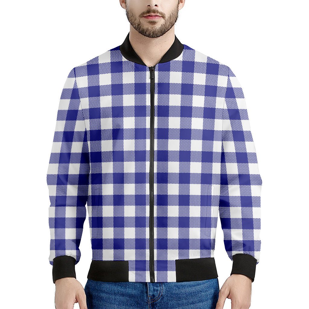 Indigo Blue And White Gingham Print Men's Bomber Jacket