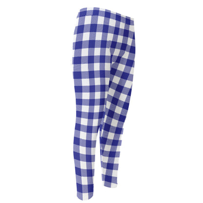 Indigo Blue And White Gingham Print Men's Compression Pants