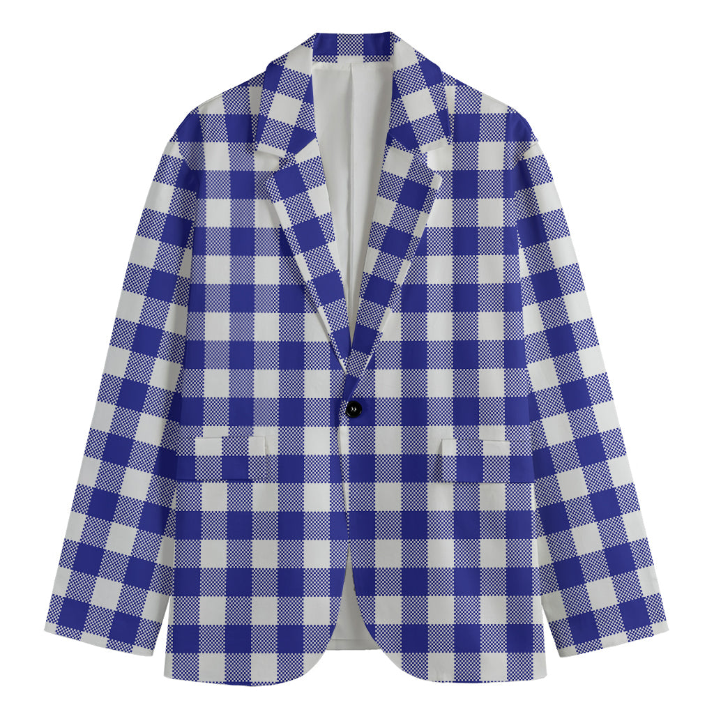 Indigo Blue And White Gingham Print Men's Cotton Blazer
