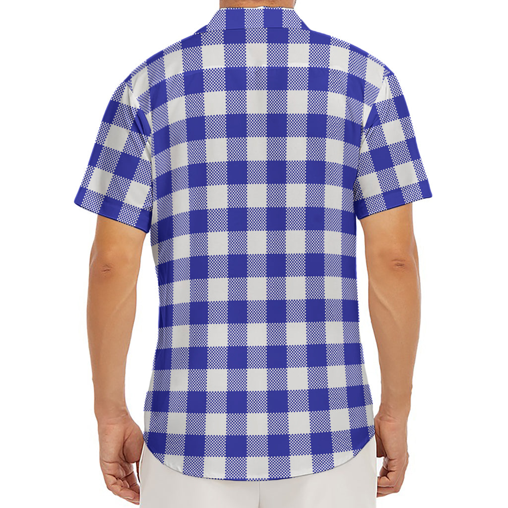 Indigo Blue And White Gingham Print Men's Deep V-Neck Shirt