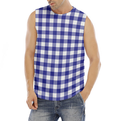 Indigo Blue And White Gingham Print Men's Fitness Tank Top