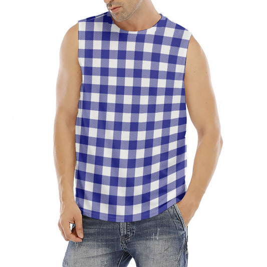 Indigo Blue And White Gingham Print Men's Fitness Tank Top