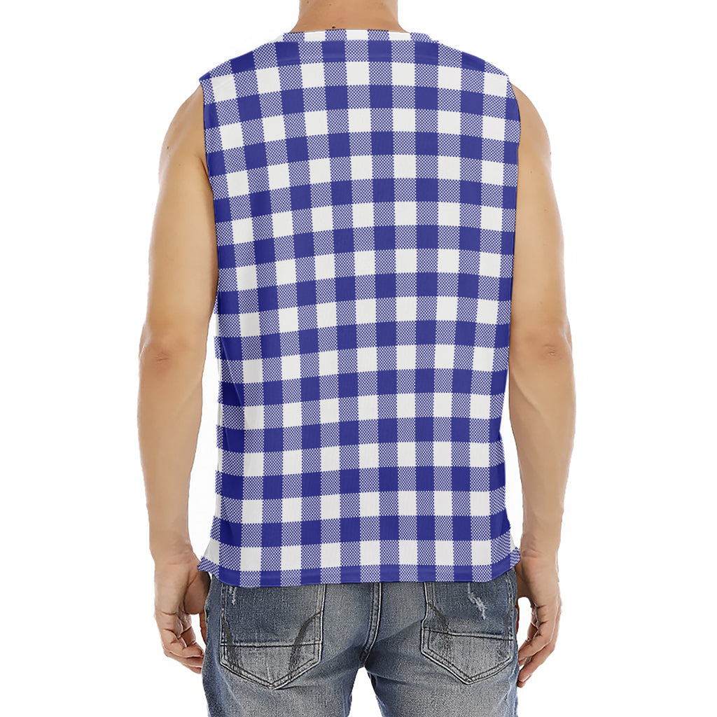 Indigo Blue And White Gingham Print Men's Fitness Tank Top