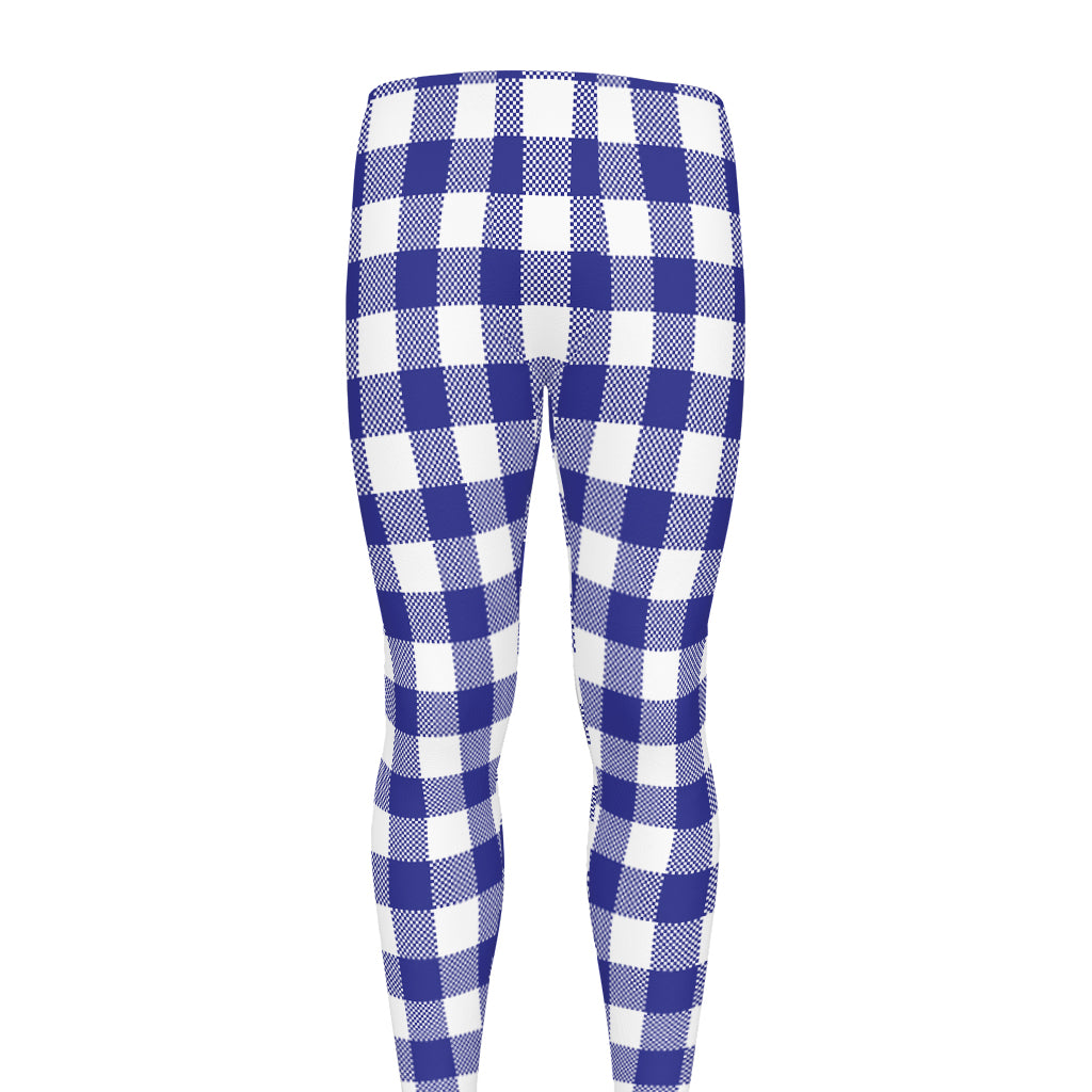 Indigo Blue And White Gingham Print Men's leggings