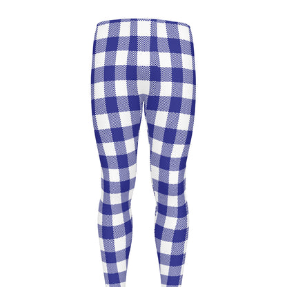 Indigo Blue And White Gingham Print Men's leggings