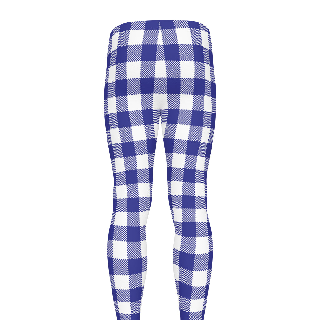 Indigo Blue And White Gingham Print Men's leggings