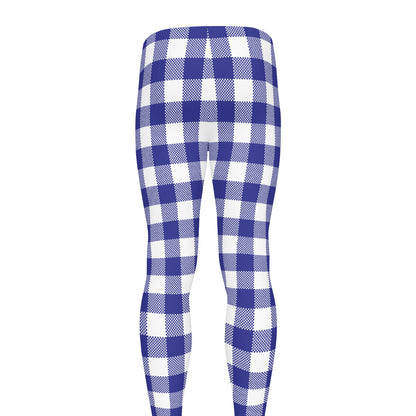 Indigo Blue And White Gingham Print Men's leggings