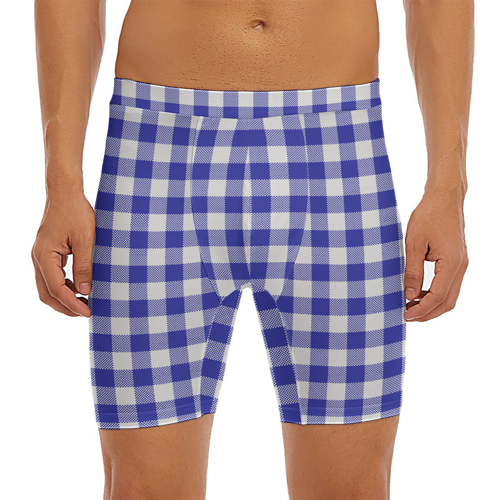 Indigo Blue And White Gingham Print Men's Long Boxer Briefs