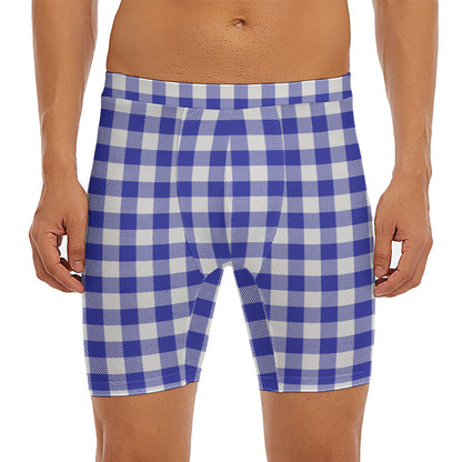 Indigo Blue And White Gingham Print Men's Long Boxer Briefs