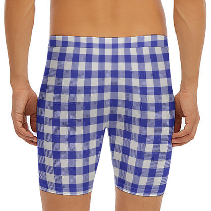 Indigo Blue And White Gingham Print Men's Long Boxer Briefs