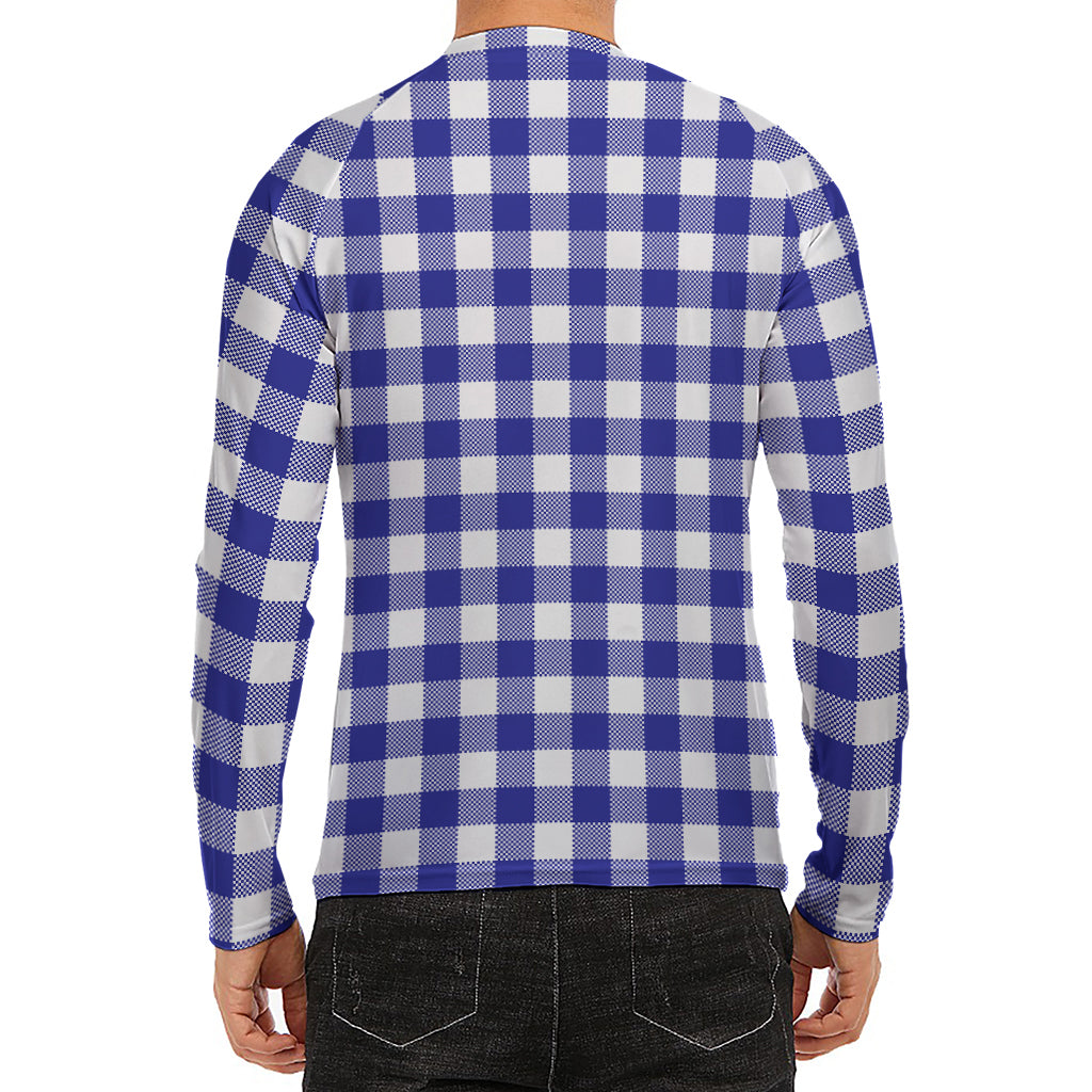 Indigo Blue And White Gingham Print Men's Long Sleeve Rash Guard